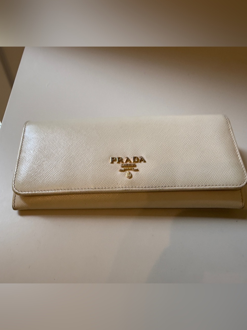 Prada Cream Saffiano Leather Long Wallet with Gold Logo